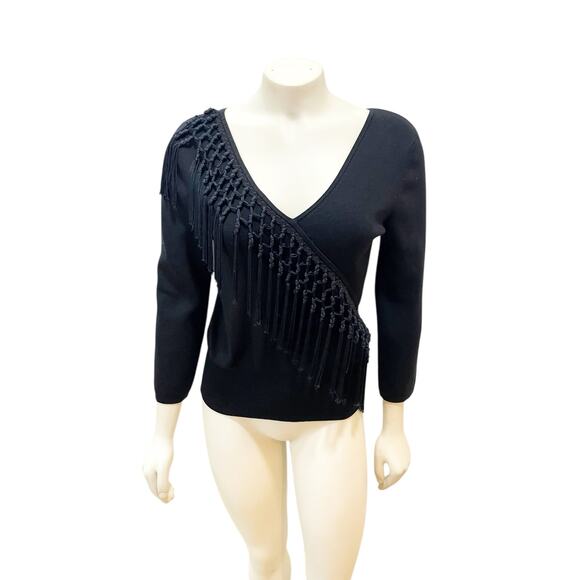 Cache Asymmetrical Fringe Tassel Silk Top Black Quarter Sleeve Large - Picture 2 of 5